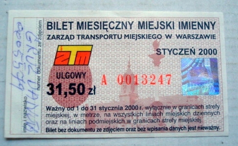 Bilet Miesięczny ZTM Warszawa 01/2000 Ulgowy.