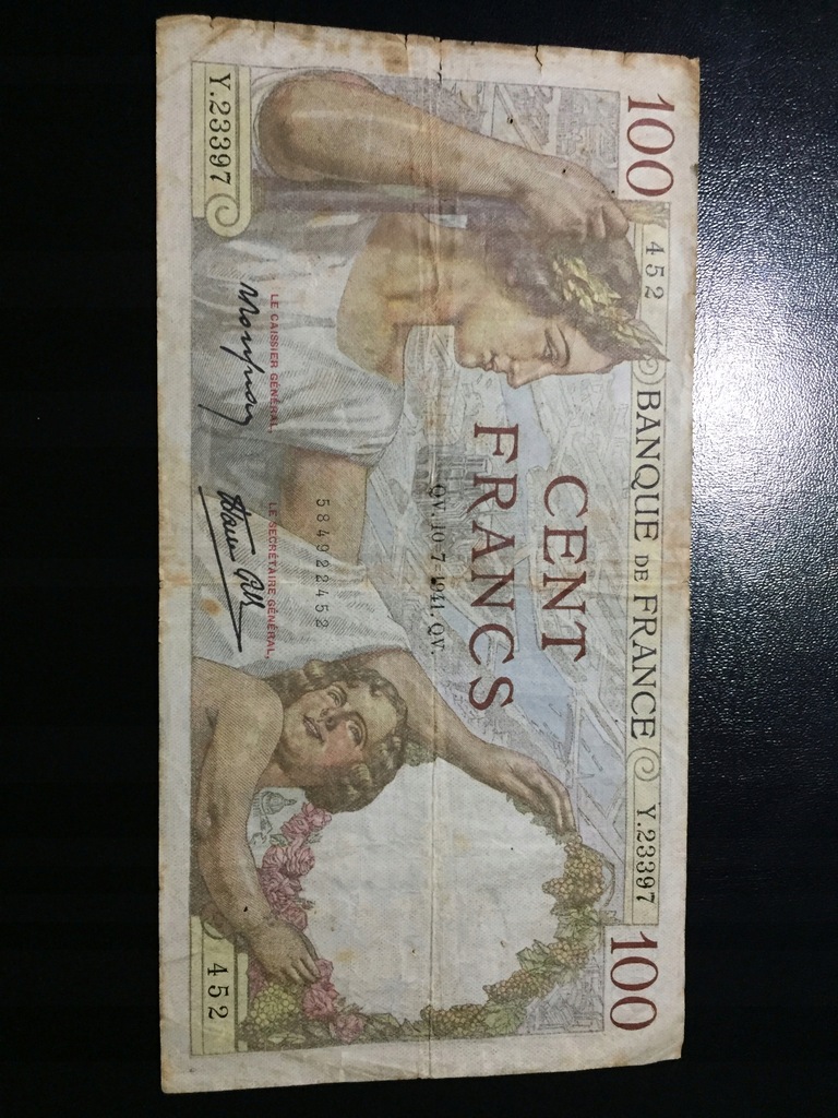 Banknot Francja 100 Franków 1941