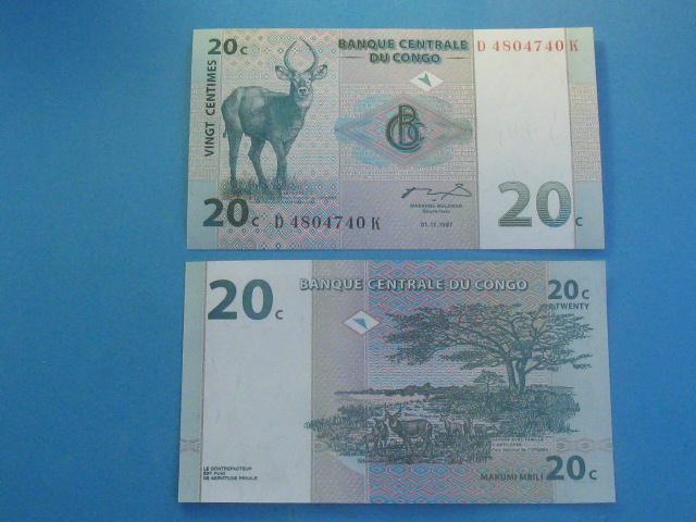 Kongo Banknot 20 Centimes 1997  P-83 UNC