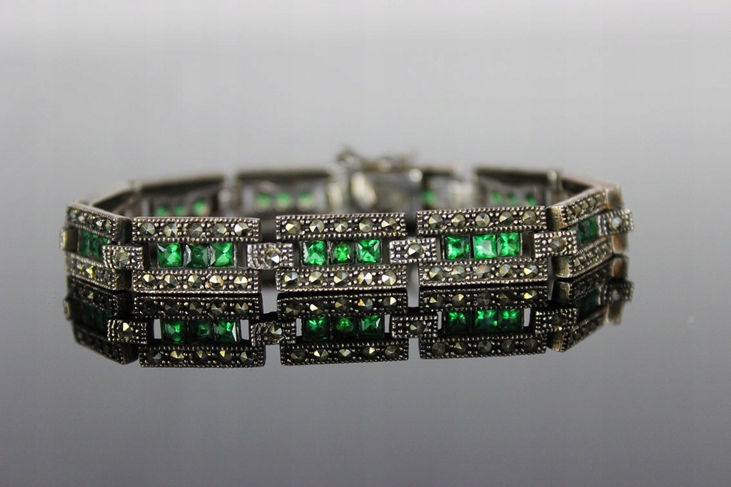 BRANSOLETKA ART DECO SREBRO MARKAZYTY SZMARAGDY