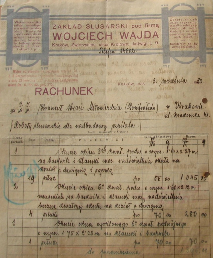 WOJCIECH WAJDA  ŚLUSARZ  KRAKÓW  RACHUNEK -1930