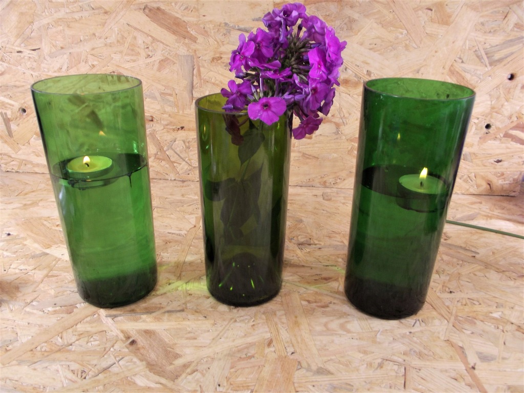 komplet 3 zielonych wazonów