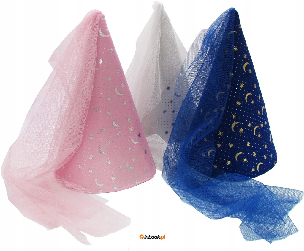 Czapka wróżki 37 cm stożek różowa z tiulową woalką