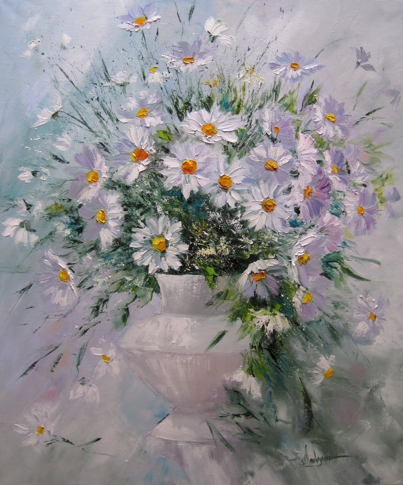 *JN* RUMIANKI, POLNE KWIATY, obraz olejny 60X50