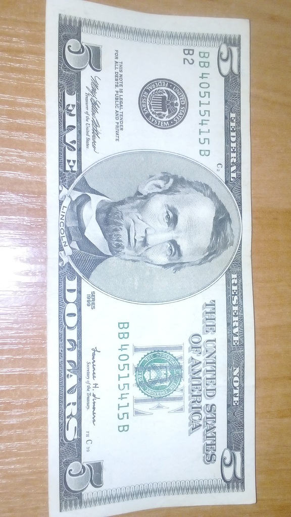 5 DOLARÓW , dolar USA seria BB - 1999 r.
