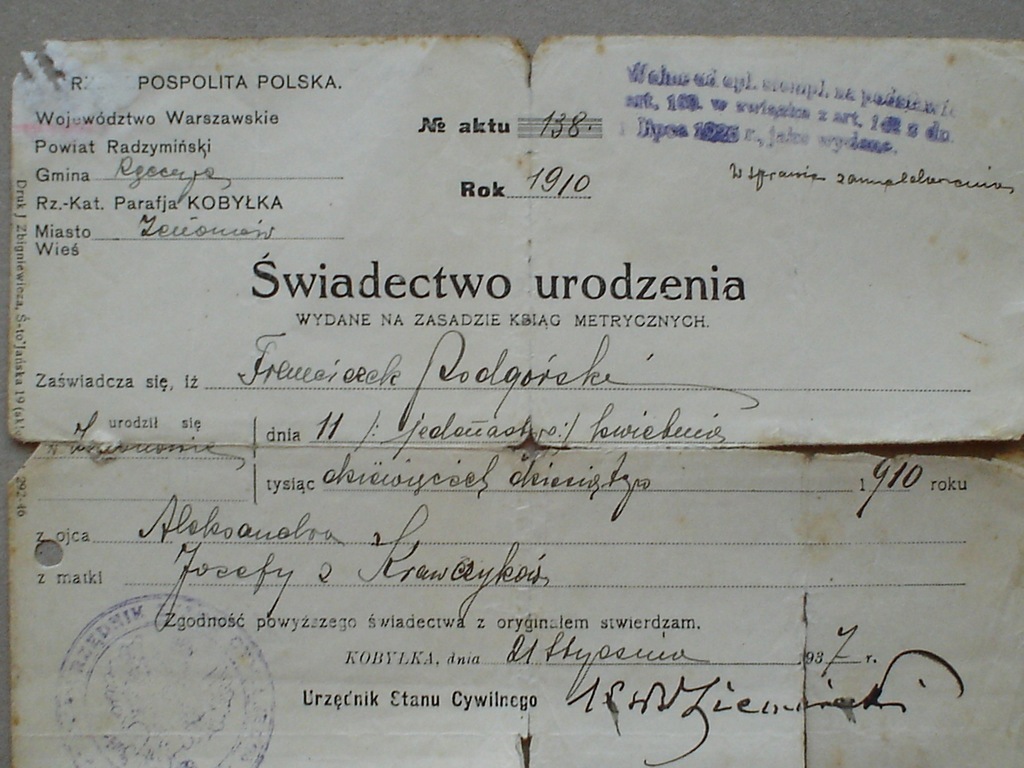 Świadectwo urodzenia 1937 r. Kobyłka