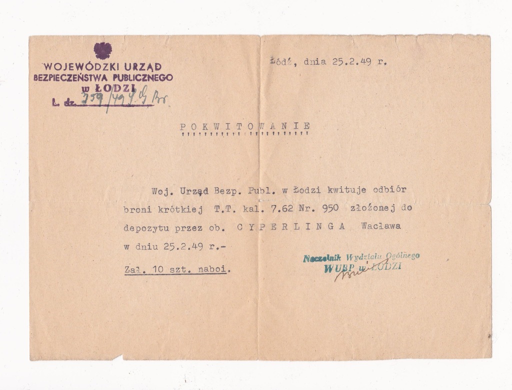 POKWITOWANIE ODBIORU BRONI KRÓTKIEJ ŁÓDŹ 1949