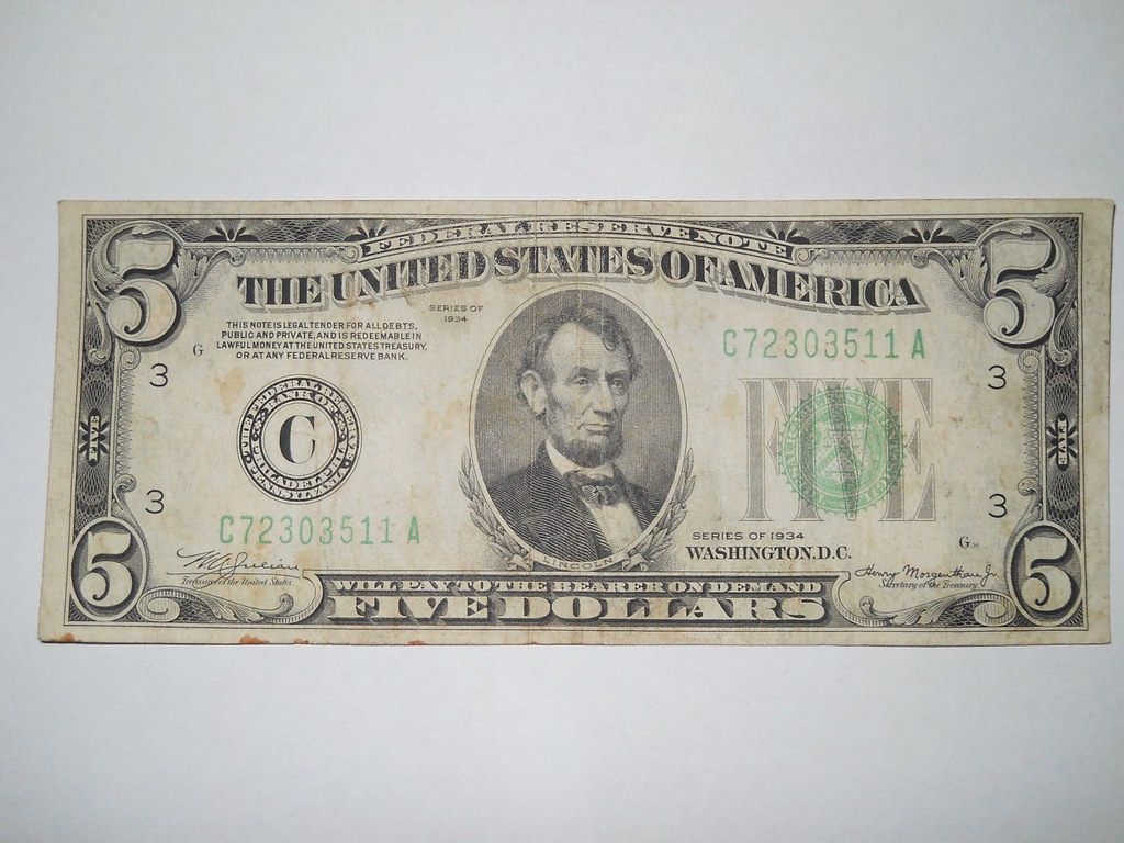 5 dol.USA z 1934r.FEDERAL RESERVE NOTE 