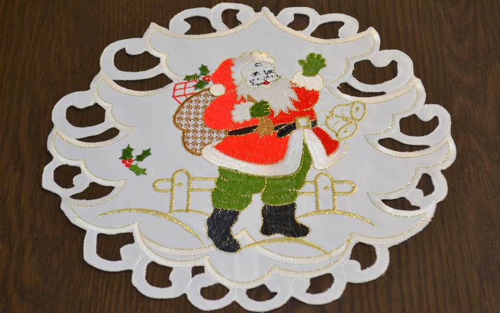 Serwetka haftowana okrągła 30cm biała św. Mikołaj