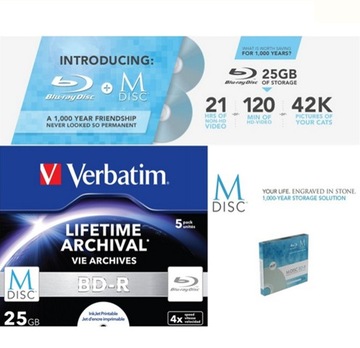 VERBATIM M-DISC BD-R, 25 ГБ, упаковка из 5 шт. для печати, для архивирования