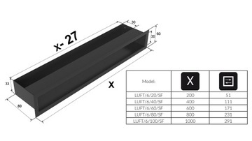 Kratka kominkowa, luft 60mm x 1000mm 4 kolory