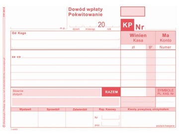 DRUK DOWÓD WPŁATY KP Mipro A6 czerwony 401-5 bloczek 80 kartek