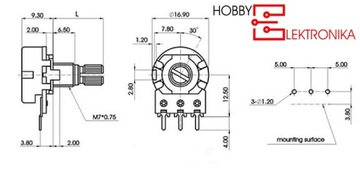 Potencjometr obrotowy 500 Ohm B liniowy l=15mm