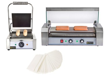 ZESTAW DO HOT-DOGÓW PODGRZEWACZ ROLKOWY + GRILL KONTAKTOWY + TOREBKI