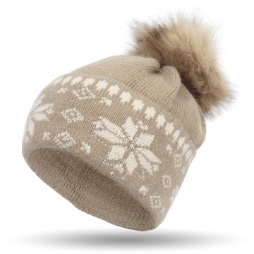 W331E CZAPKA ZIMOWA BEANIE ŚNIEŻKI POMPON BRĄZOWA