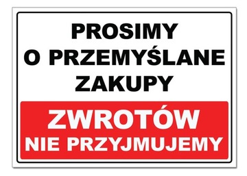 PRZEMYŚLANE ZAKUPY zwrotów nie przyjmujemy TABLICA witryna sklepowa