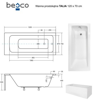 Ванна 120х70 Сифон поясной Корпус Besco