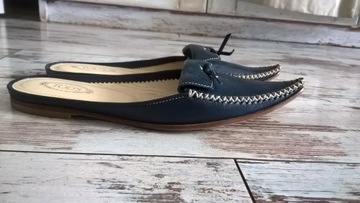 TOD'S MULES POINTED TOE LOAFERS NAVY SKÓRA CAŁE 36