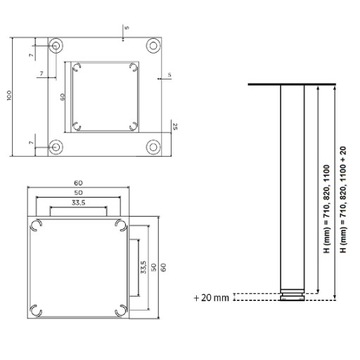 4 АЛЮМИНИЕВЫЕ НОЖКИ СТОЛА ТОП 60x60x1100 БЕЛЫЙ