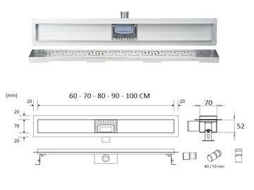 SANITLINE Линейный слив 90см, низкий сифон, 52мм HQ