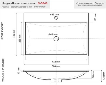 SLIM PLUS умывальник 50х40, маленькая встраиваемая, большая чаша