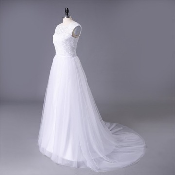 Suknia ślubna sukienka modna koronka krótki lekki tren tiul wiązanie 34 XS