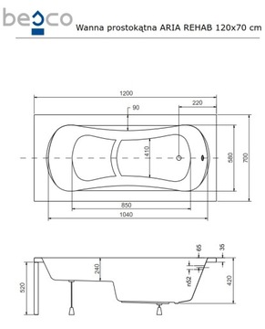 КОМПЛЕКТНАЯ ВАННА С СИДЕНЬЕМ 120x70 ARIA REHAB для пожилых людей