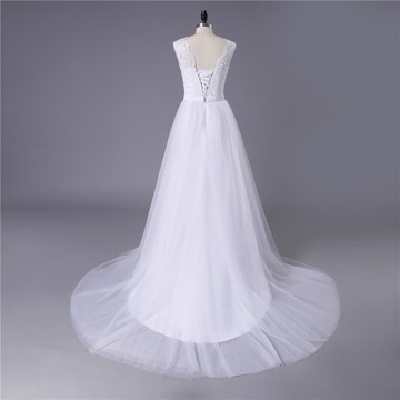 Suknia ślubna sukienka modna koronka krótki lekki tren tiul wiązanie 34 XS