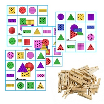 UKŁADY Z FIGURAMI GEOM Kształty Klamerkowe zadania 36 kart + 5 klamerek