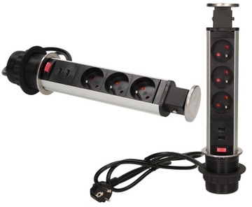 GNIAZDO MEBLOWE 3X250V USB WYSUWANE Z BLATU INOX