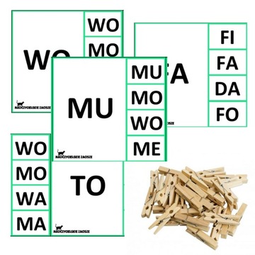 KLAMERKOWE POMOCE DYDAKTYCZNE Czytanie sylabowe 48 KART + klamerki