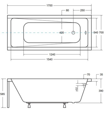 СОВРЕМЕННАЯ ВАННА PMD BESCO 170x70 КОРПУС СИФОННЫХ НОЖЕК