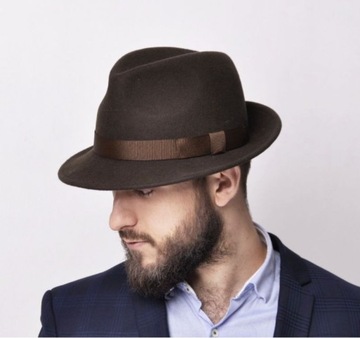 Kapelusz fedora FRANK 100% wełna 58 brąz