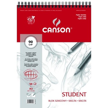 BLOK SZKICOWY CANSON STUDENT A3 90g 50 ark SPIRALA