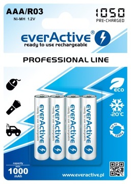 4 батарейки EverActive 1050 R3 AAA, готовые к использованию