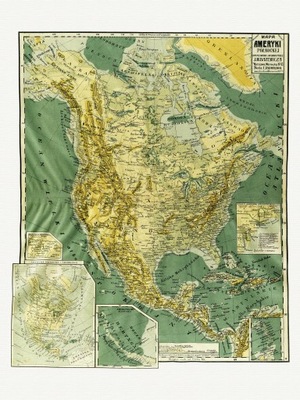 AMERYKA PÓŁNOCNA mapa fizyczna BAZEWICZ 1921 r.