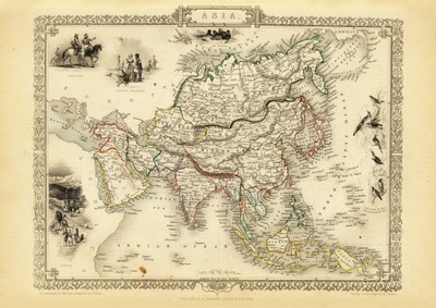 AZJA INDIE CHINY JAPONIA mapa ilustrowana 1851 r.
