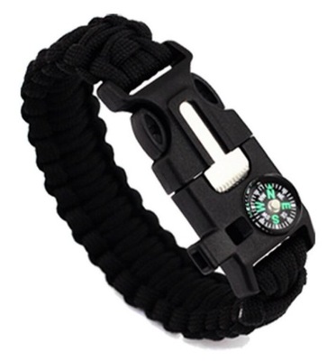 BRANSOLETKA 5w1 PARACORD KRZESIWO KOMPAS CZARNA