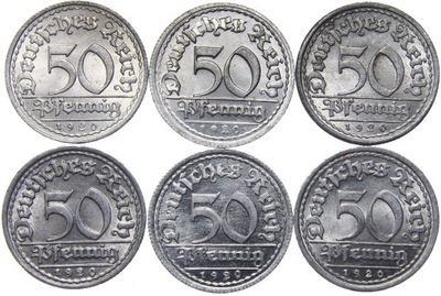 Niemcy - Weimar - zestaw monet - 50 Pfennig 1920 - KOMPLET MENNIC - ADEFGJ