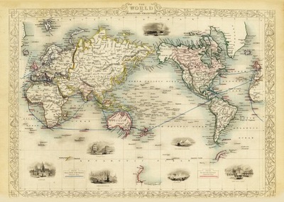 Ilustrowana mapa ŚWIATA Tallis 1851 r. 59x42 cm.