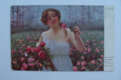 RÓŻOWE POLE KWIATY RÓŻE DZIEWCZYNA przedwojenna