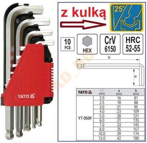 ШАРИКОВЫЕ шестигранные ключи 2–12 мм YATO YT-0509