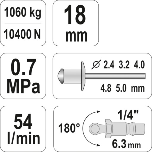 ПНЕВМАТИЧЕСКИЙ ЗАКЛЕПОЧНИК YATO 2,4-5 ММ 10400 НМ