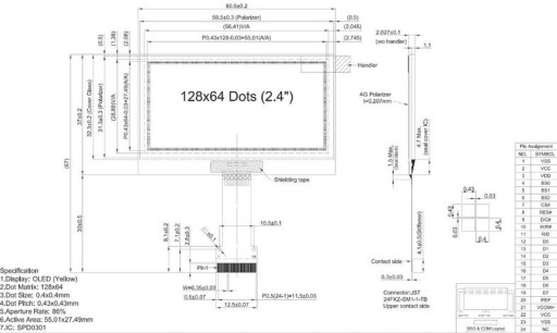 ART Новый OLED 128x64 3V SPD0301 SPI Желтый 2,4 дюйма