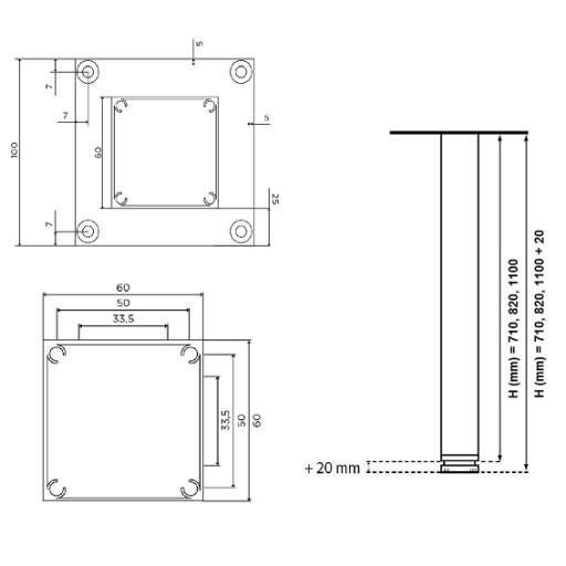 4 АЛЮМИНИЕВЫЕ НОЖКИ СТОЛА 60x60x820 БЕЛЫЕ