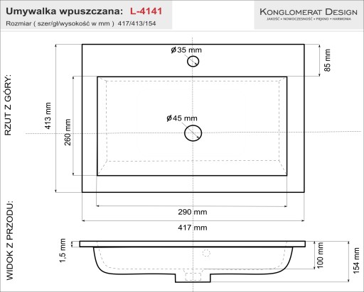 Умывальник встраиваемый Line 40x41 Thin Rim Coating