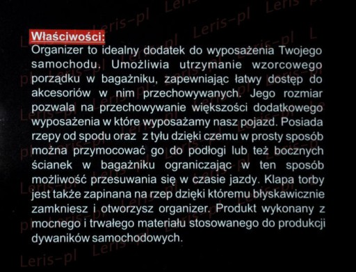 ORGANIZER TORBA FILCOWA DO BAGAŻNIKA NA RZEPY