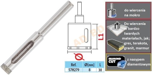Wiertło diamentowe do gresu 8mm otwornica 57H279