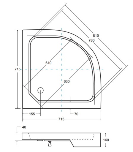 ПОЛЬСКИЙ ПОЛУКРУГЛЫЙ ДУШЕВОЙ ПОДДОН ALEX 70x70x4x16 + Сифон