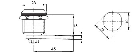 ЗАМОК ДЛЯ КОРОБКИ С ТРЕУГОЛЬНЫМ КЛЮЧОМ 8 FI 22X16 22 x 16 L= 53 ММ